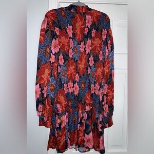 FARM Rio Garden Navy Smocked Mini Dress with Ballon Sleeve High Neck- Medium NWT